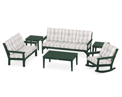 POLYWOOD® Vineyard 6-Piece Deep Seating Set in Green / Buffalo Plaid Dune Burlap