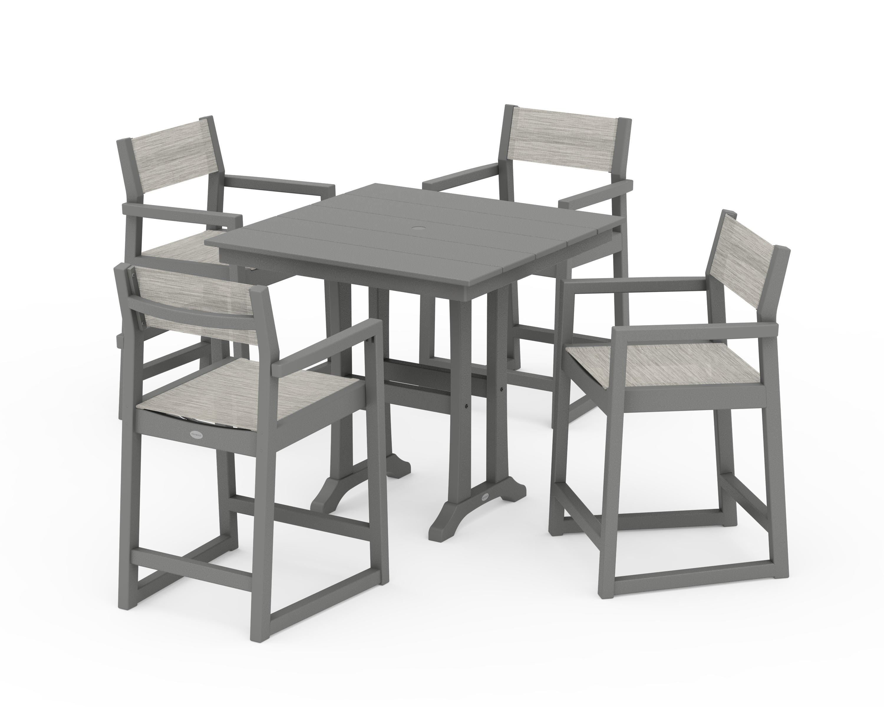 POLYWOOD® EDGE Sling Arm Chair 5-Piece Farmhouse Counter Set with Trestle Legs in Slate Grey / Birch Sling