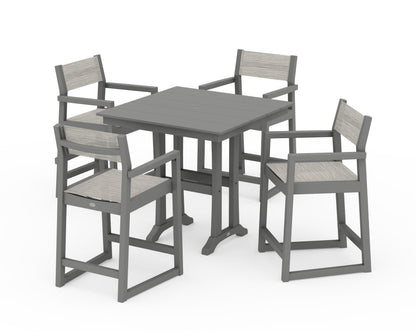 POLYWOOD® EDGE Sling Arm Chair 5-Piece Farmhouse Counter Set with Trestle Legs in Slate Grey / Birch Sling