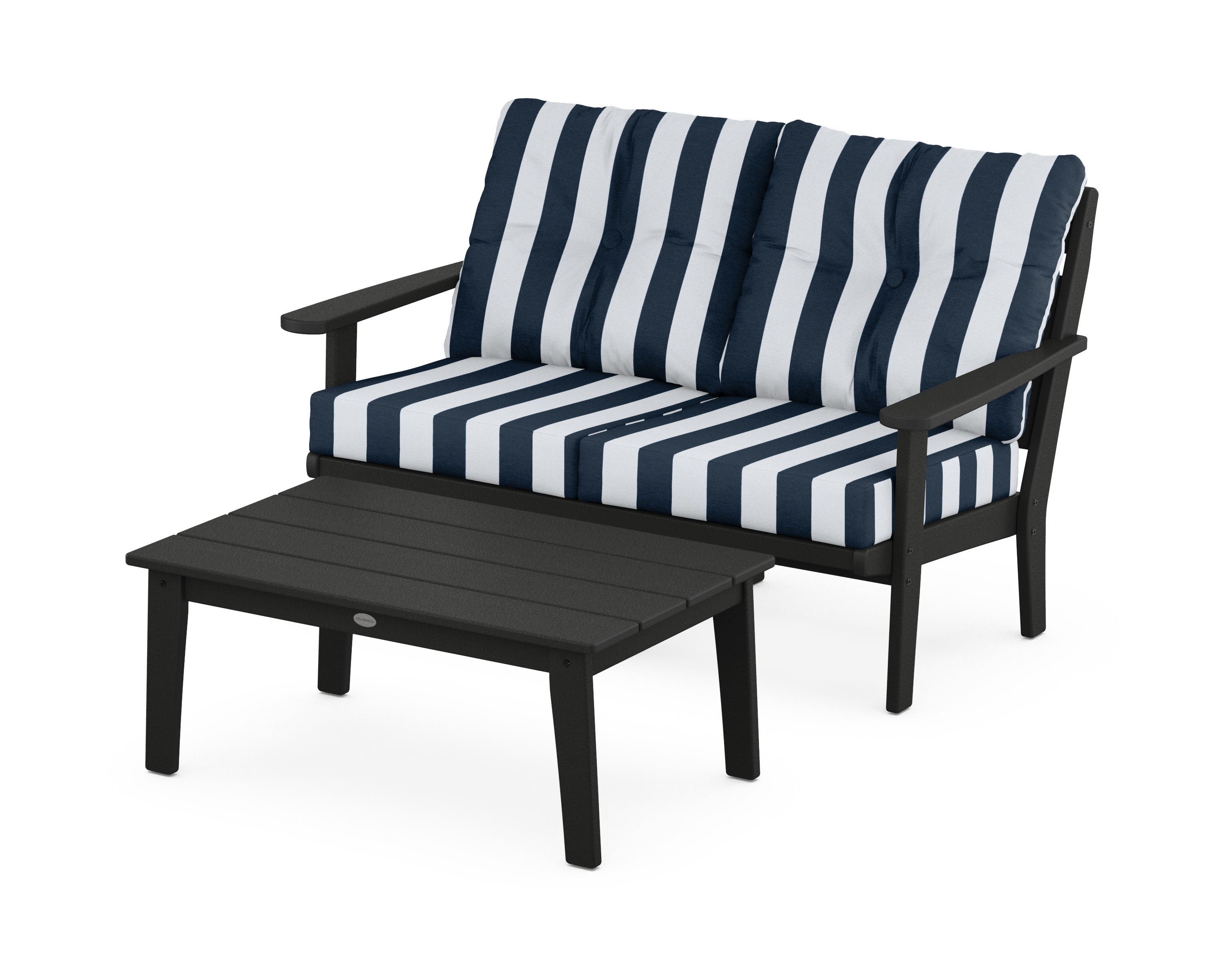 POLYWOOD® Lakeside 2-Piece Lounge Loveseat Set in Black / Cabana Stripe Marine Indigo