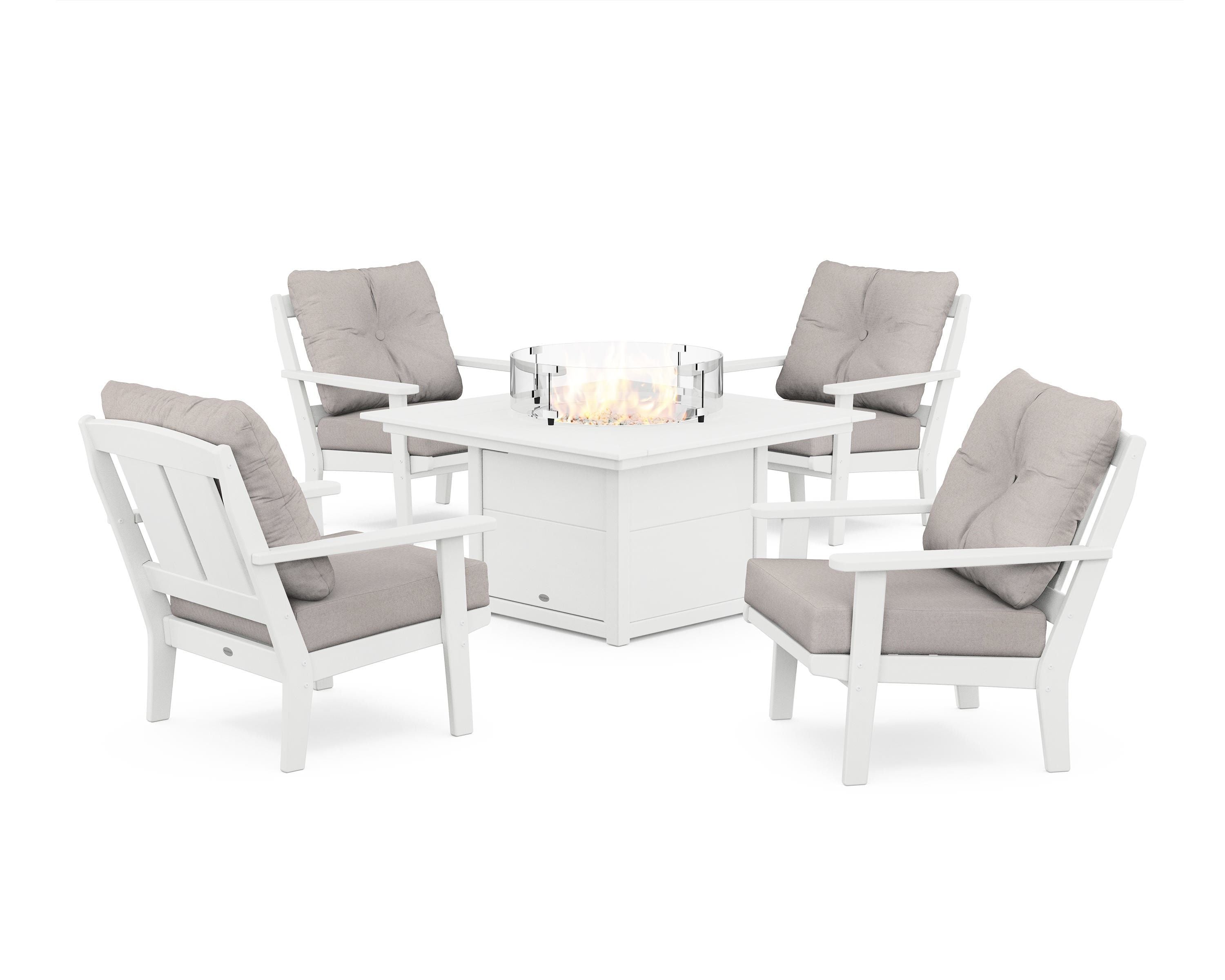 POLYWOOD® Mission 5-Piece Deep Seating Set with Fire Pit Table in White / Dune Burlap