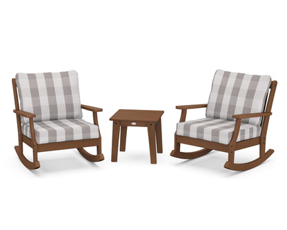 POLYWOOD® Braxton 3-Piece Deep Seating Rocker Set in Teak / Buffalo Plaid Grey Mist