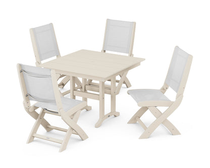 POLYWOOD® Coastal Folding Side Chair 5-Piece Farmhouse Dining Set in Sand / White Sling
