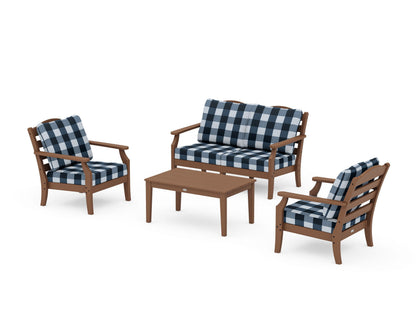 Draper James™ by  POLYWOOD® Savannah 4-Piece Deep Seating Set with Loveseat in Teak / Buffalo Plaid Marine Indigo