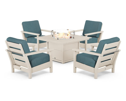 POLYWOOD® Harbour 5-Piece Conversation Set with Fire Pit Table in Sand / Ocean Teal