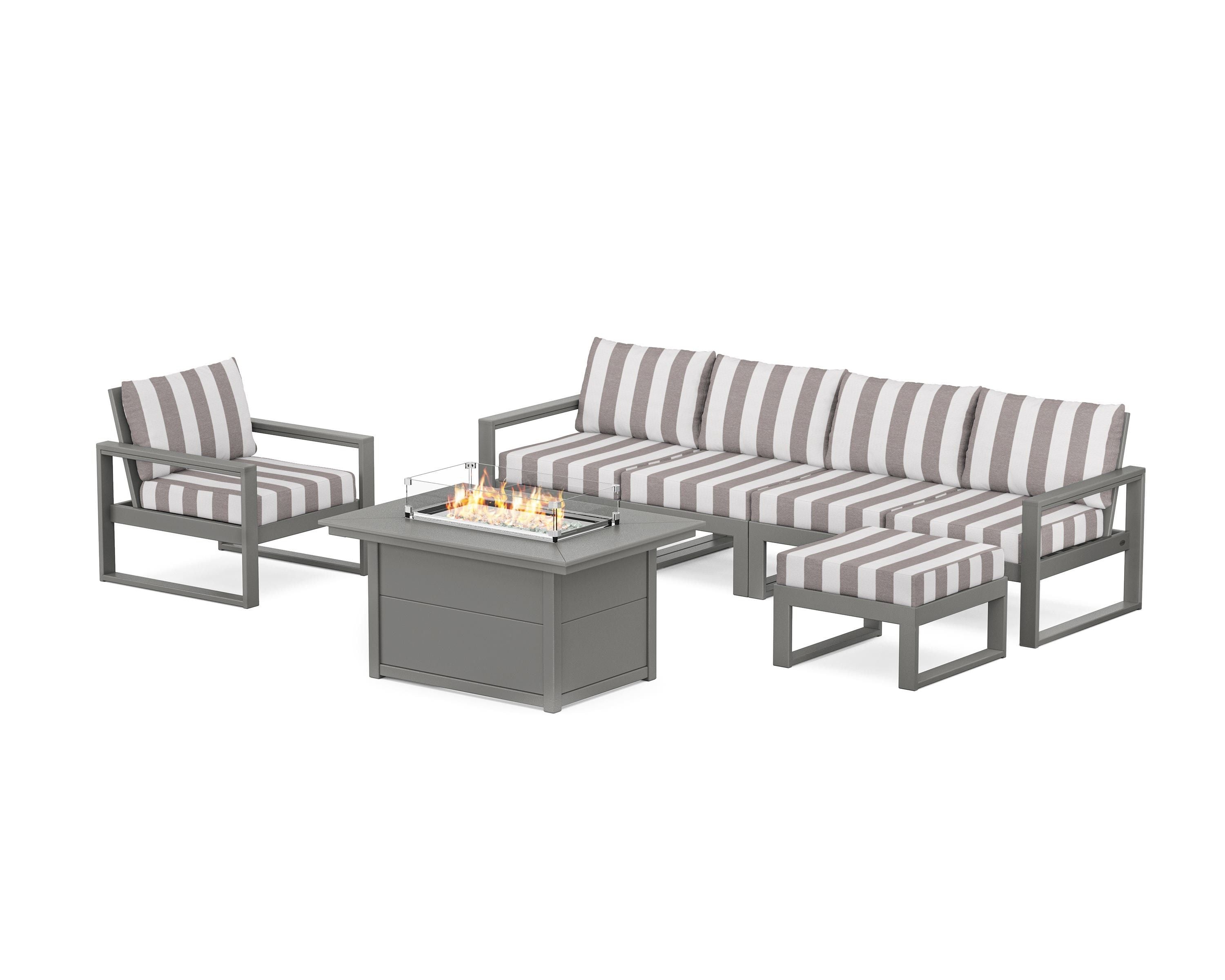 POLYWOOD® EDGE Sectional Lounge and Fire Pit Set in Slate Grey / Cabana Stripe Grey Mist