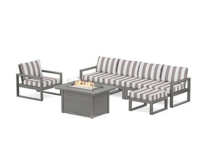POLYWOOD® EDGE Sectional Lounge and Fire Pit Set in Slate Grey / Cabana Stripe Grey Mist