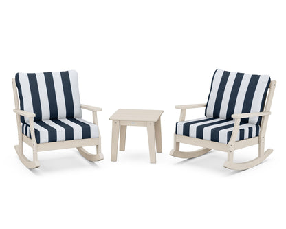 POLYWOOD® Braxton 3-Piece Deep Seating Rocker Set in Sand / Cabana Stripe Marine Indigo