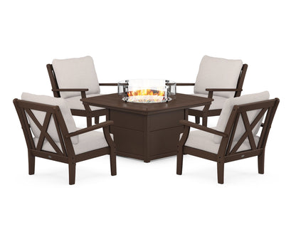 POLYWOOD® Braxton 5-Piece Deep Seating Conversation Set with Fire Pit Table in Mahogany / Dune Burlap