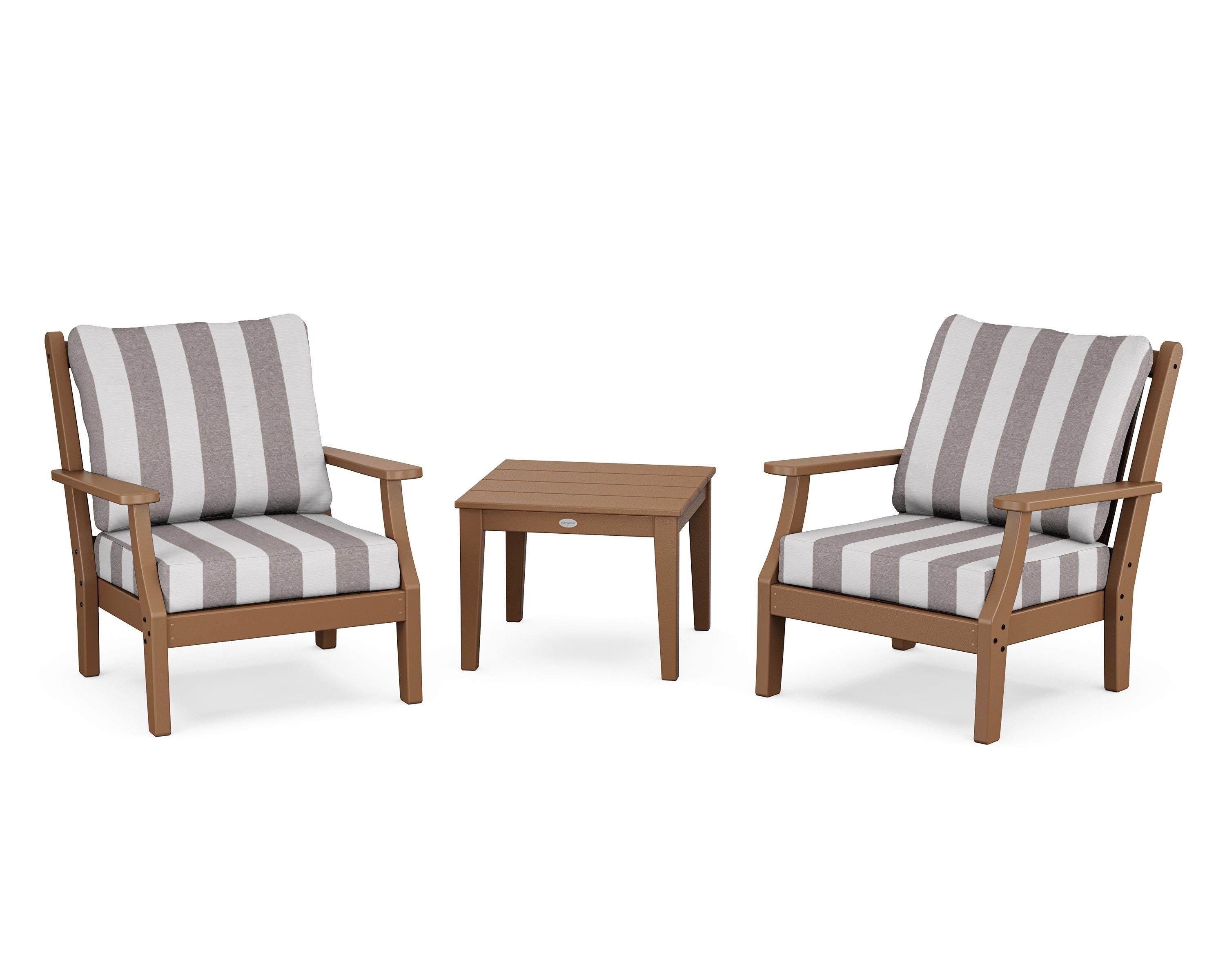 Country Living Wovendale 3-Piece Deep Seating Set in Teak / Cabana Stripe Grey Mist