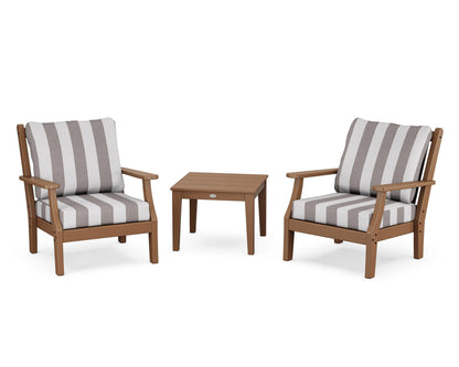 Country Living Wovendale 3-Piece Deep Seating Set in Teak / Cabana Stripe Grey Mist