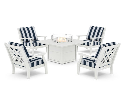 Country Living Wovendale 5-Piece Deep Seating Set with Fire Pit Table in White / Cabana Stripe Marine Indigo