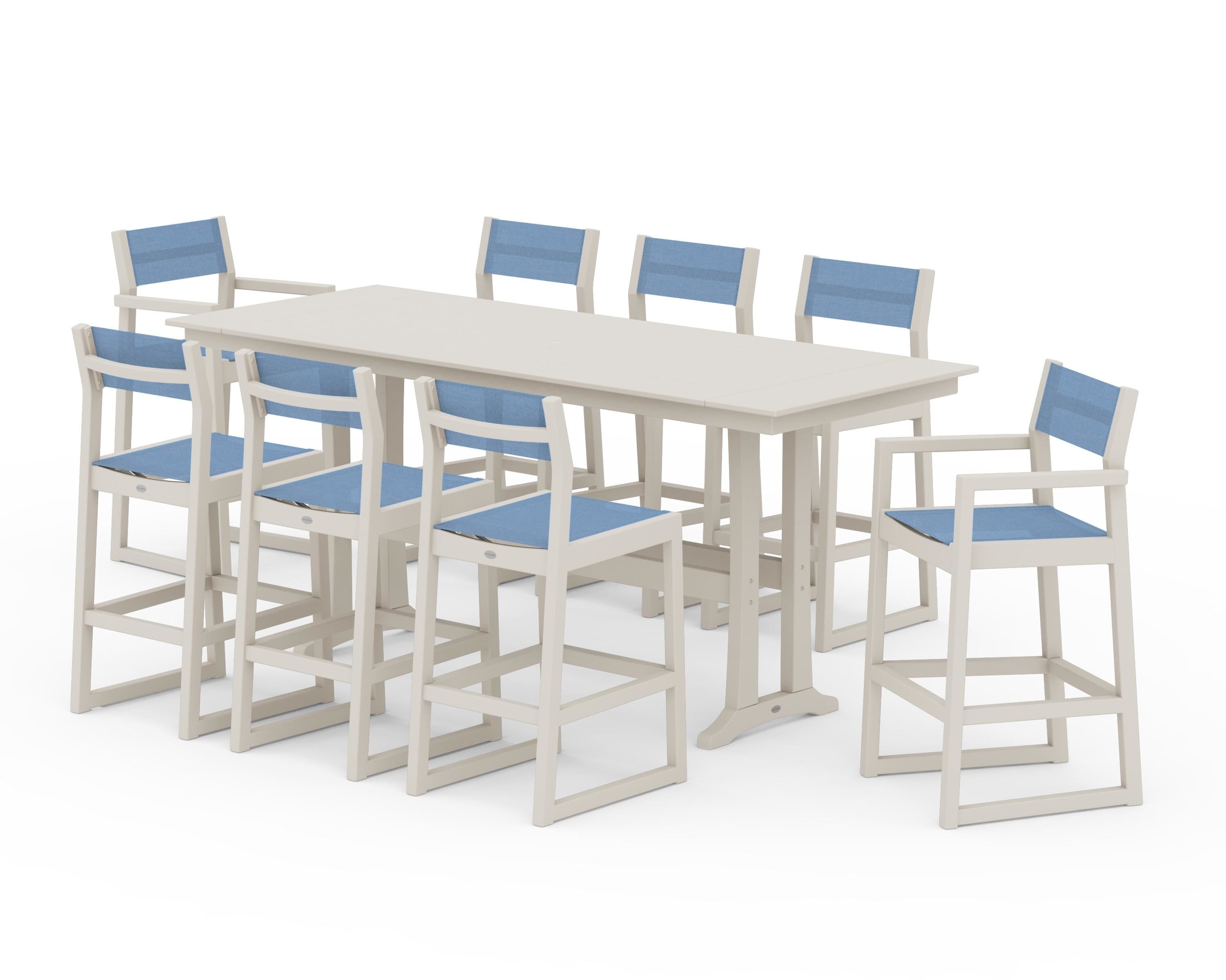 POLYWOOD® EDGE Sling 9-Piece Farmhouse Bar Set with Trestle Legs in Sand / Poolside Sling