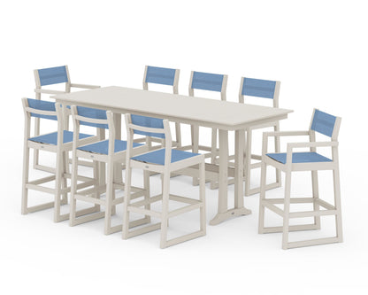 POLYWOOD® EDGE Sling 9-Piece Farmhouse Bar Set with Trestle Legs in Sand / Poolside Sling