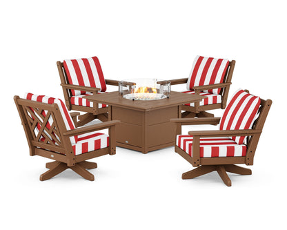 POLYWOOD® Chippendale 5-Piece Deep Seating Swivel Conversation Set with Fire Pit Table in Teak / Cabana Stripe Crimson