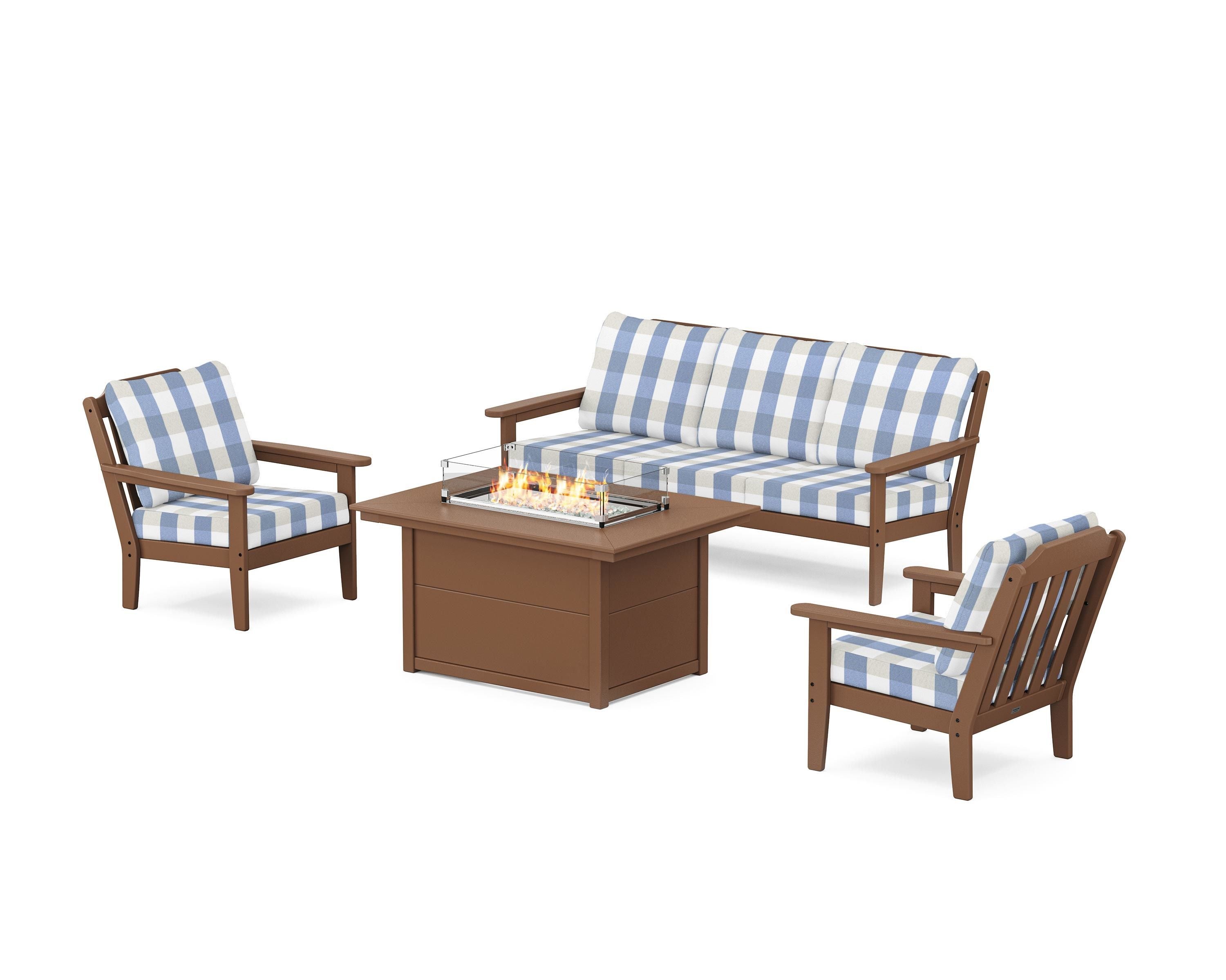 Country Living Cottage Deep Seating Fire Pit Table Set in Teak / Buffalo Plaid Sky Blue