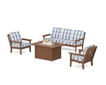 Country Living Cottage Deep Seating Fire Pit Table Set in Teak / Buffalo Plaid Sky Blue