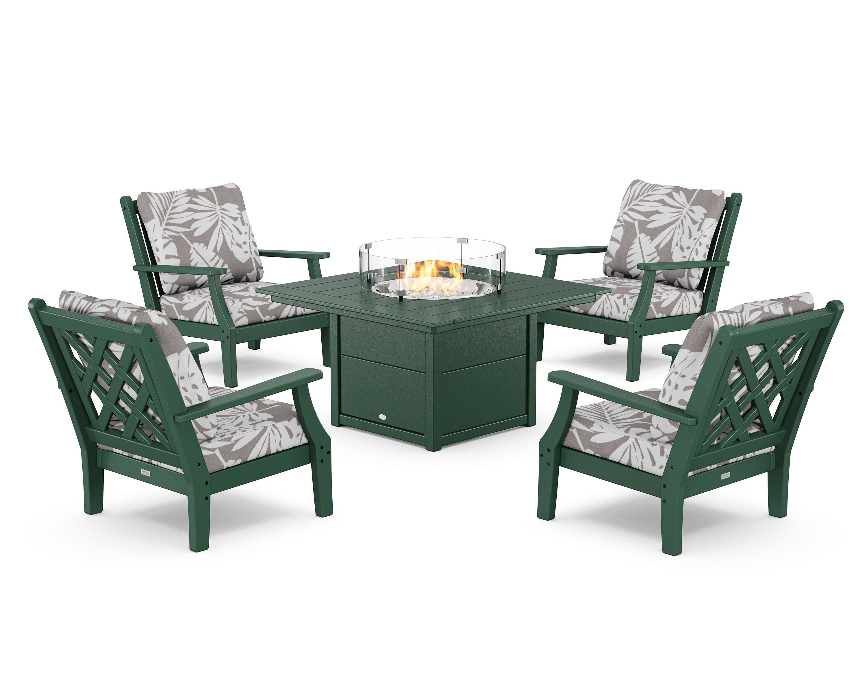 Country Living Wovendale 5-Piece Deep Seating Set with Fire Pit Table in Green / Leaf Grey Mist
