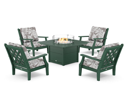 Country Living Wovendale 5-Piece Deep Seating Set with Fire Pit Table in Green / Leaf Grey Mist