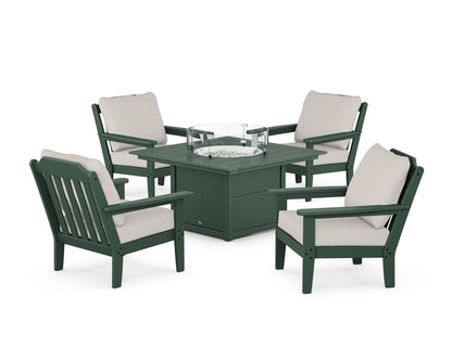 Country Living Cottage 5-Piece Deep Seating Set with Fire Pit Table in Green / Cast Ash