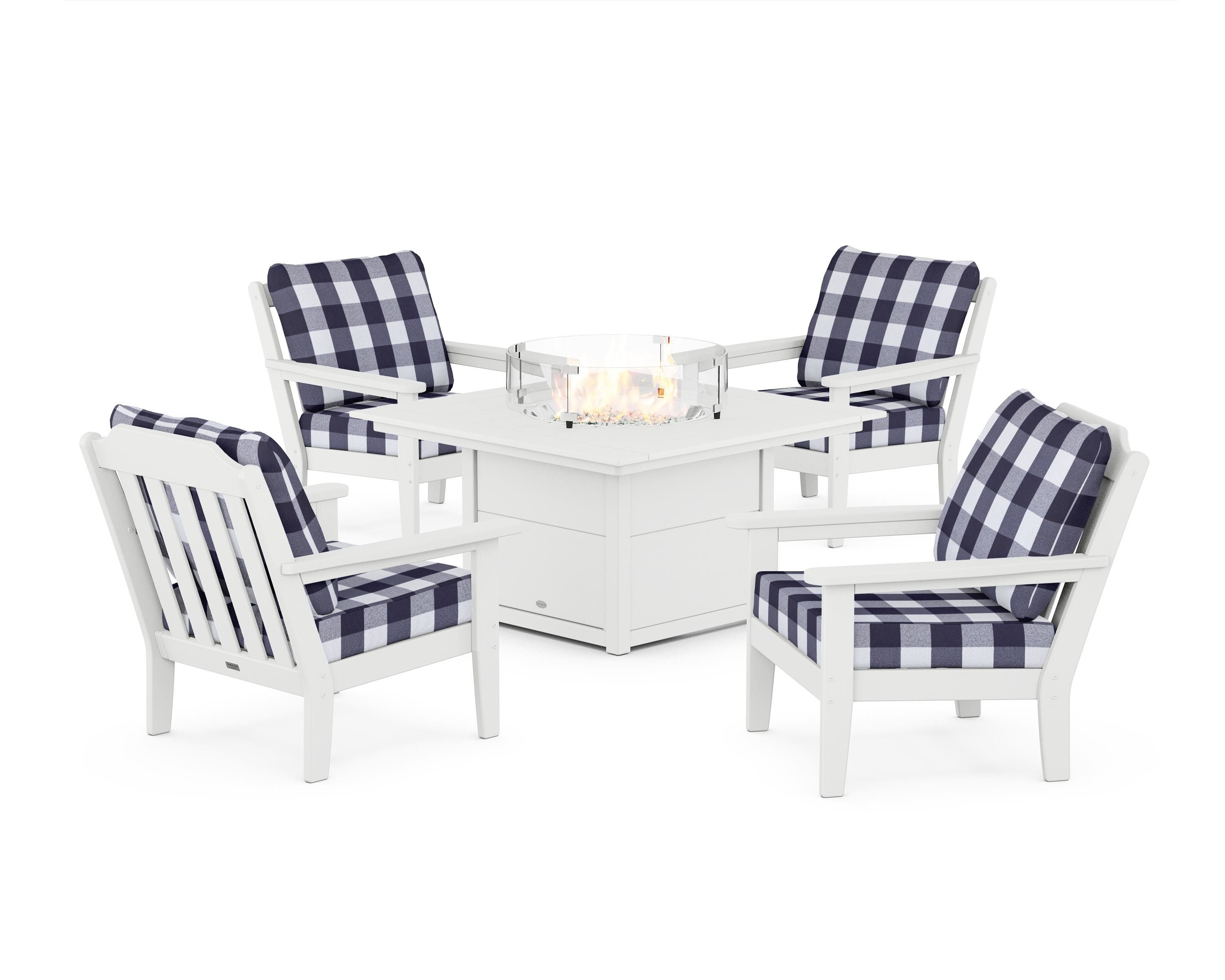 Country Living Cottage 5-Piece Deep Seating Set with Fire Pit Table in White / Buffalo Plaid Navy