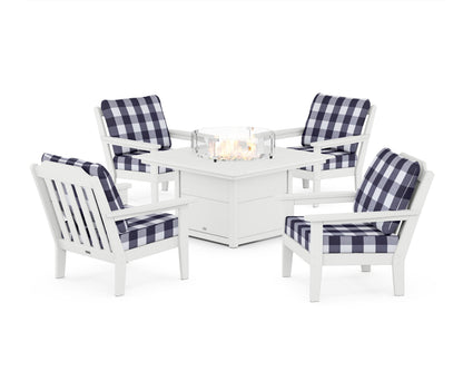 Country Living Cottage 5-Piece Deep Seating Set with Fire Pit Table in White / Buffalo Plaid Navy
