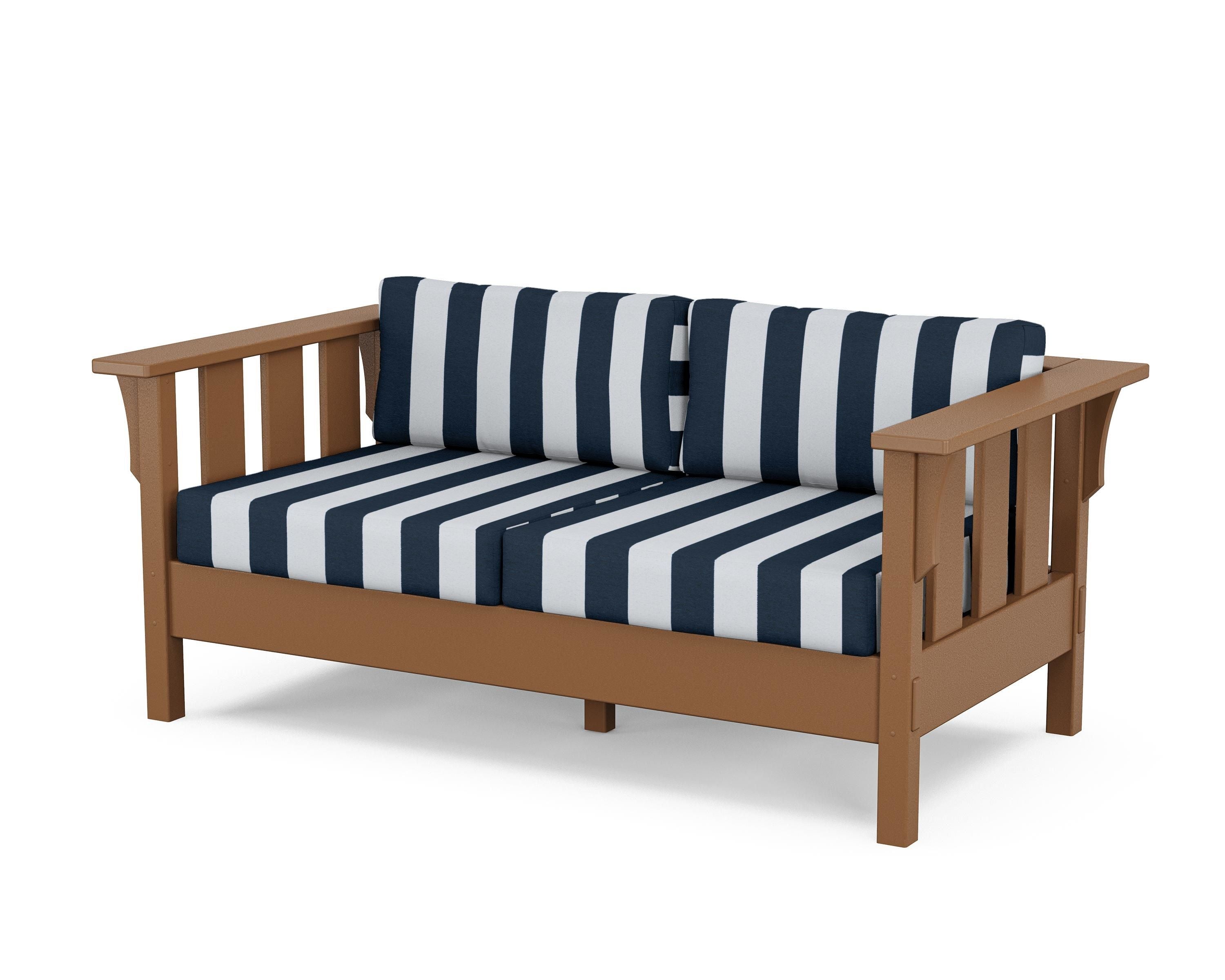 Martha Stewart by POLYWOOD® Acadia Deep Seating Loveseat in Teak / Cabana Stripe Marine Indigo