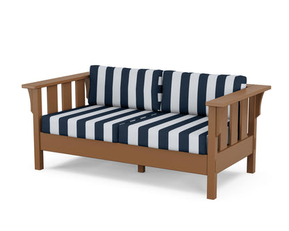 Martha Stewart by POLYWOOD® Acadia Deep Seating Loveseat in Teak / Cabana Stripe Marine Indigo