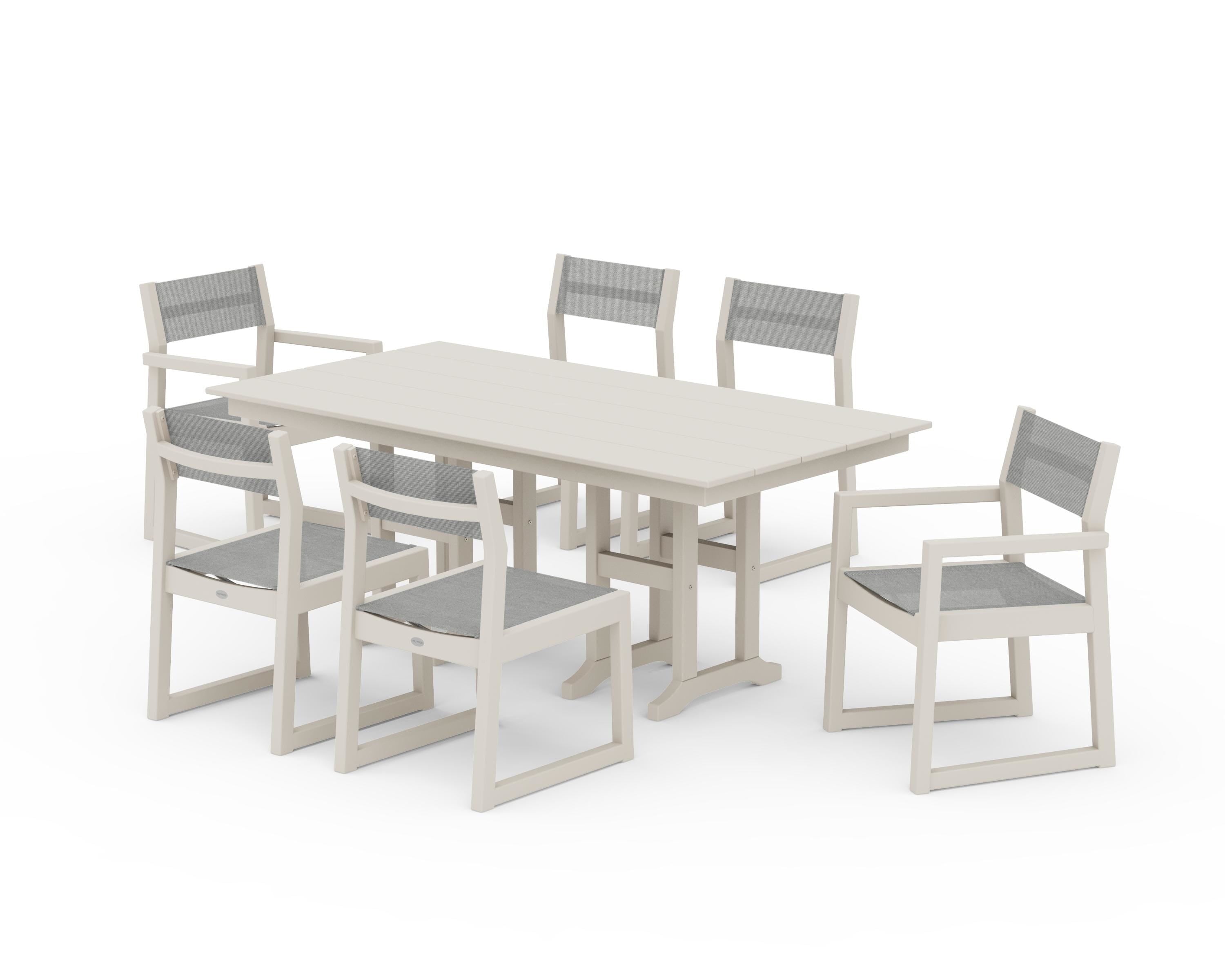 POLYWOOD® EDGE Sling 7-Piece Farmhouse Dining Set in Sand / Metallic Sling
