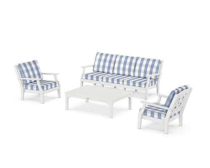Martha Stewart by POLYWOOD® Chinoiserie 4-Piece Deep Seating Set with Sofa in White / Buffalo Plaid Sky Blue