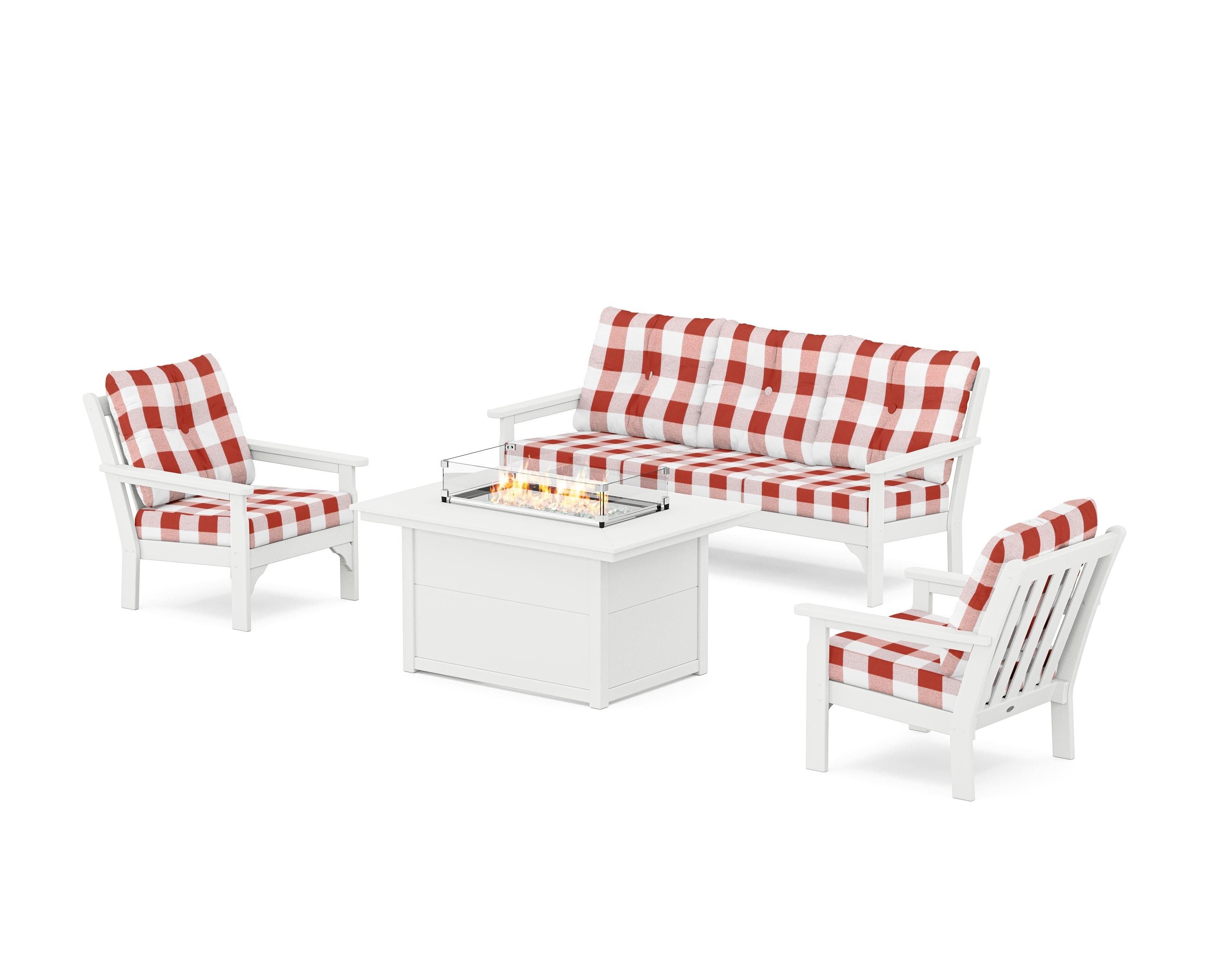 POLYWOOD® Vineyard Deep Seating Fire Pit Table Set in White / Buffalo Plaid Crimson