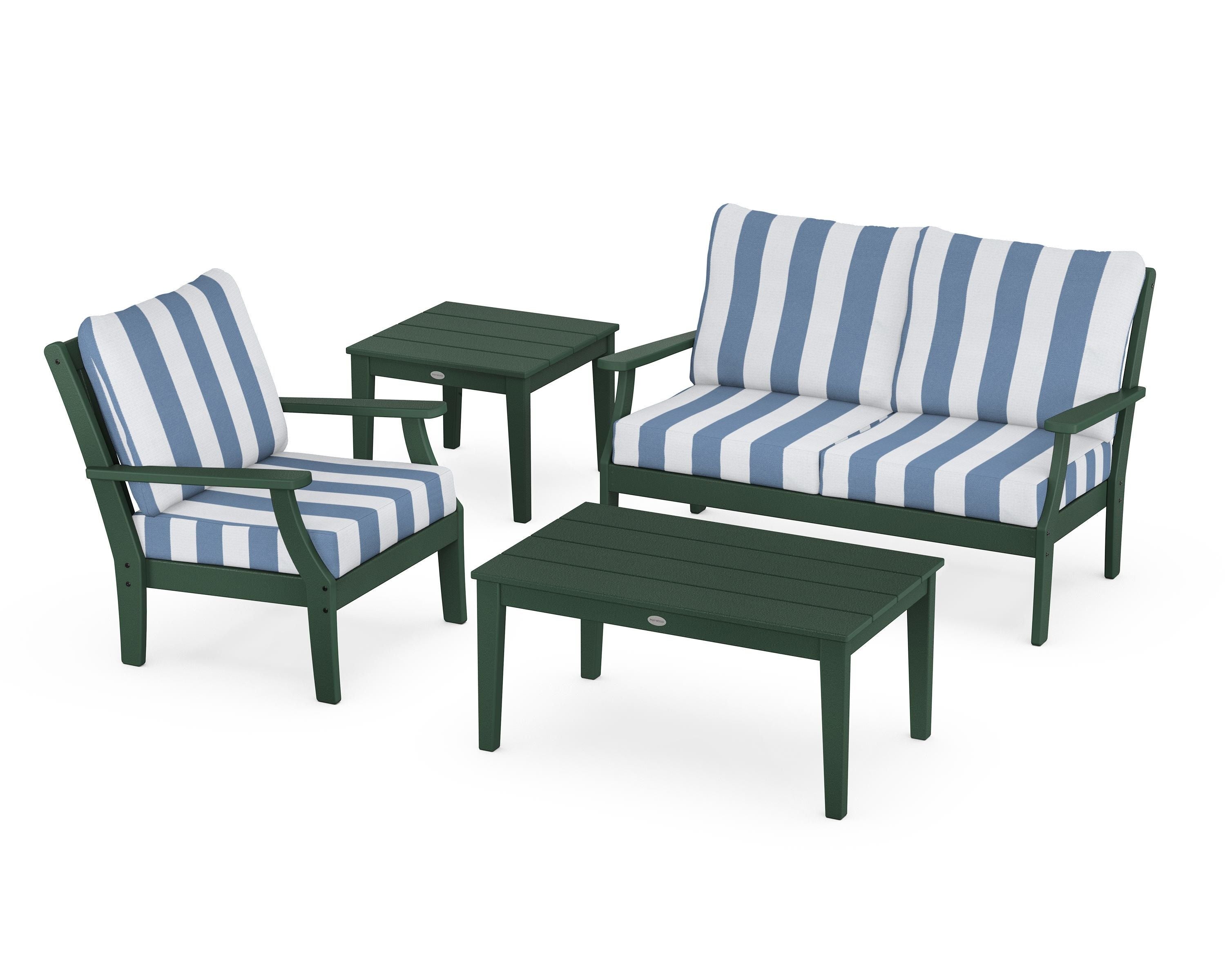 POLYWOOD® Braxton 4-Piece Deep Seating Set in Green / Cabana Stripe Sky Blue