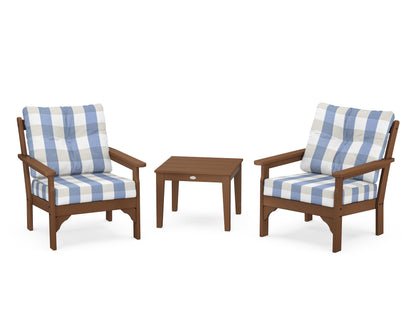 POLYWOOD® Vineyard 3-Piece Deep Seating Set in Teak / Buffalo Plaid Sky Blue