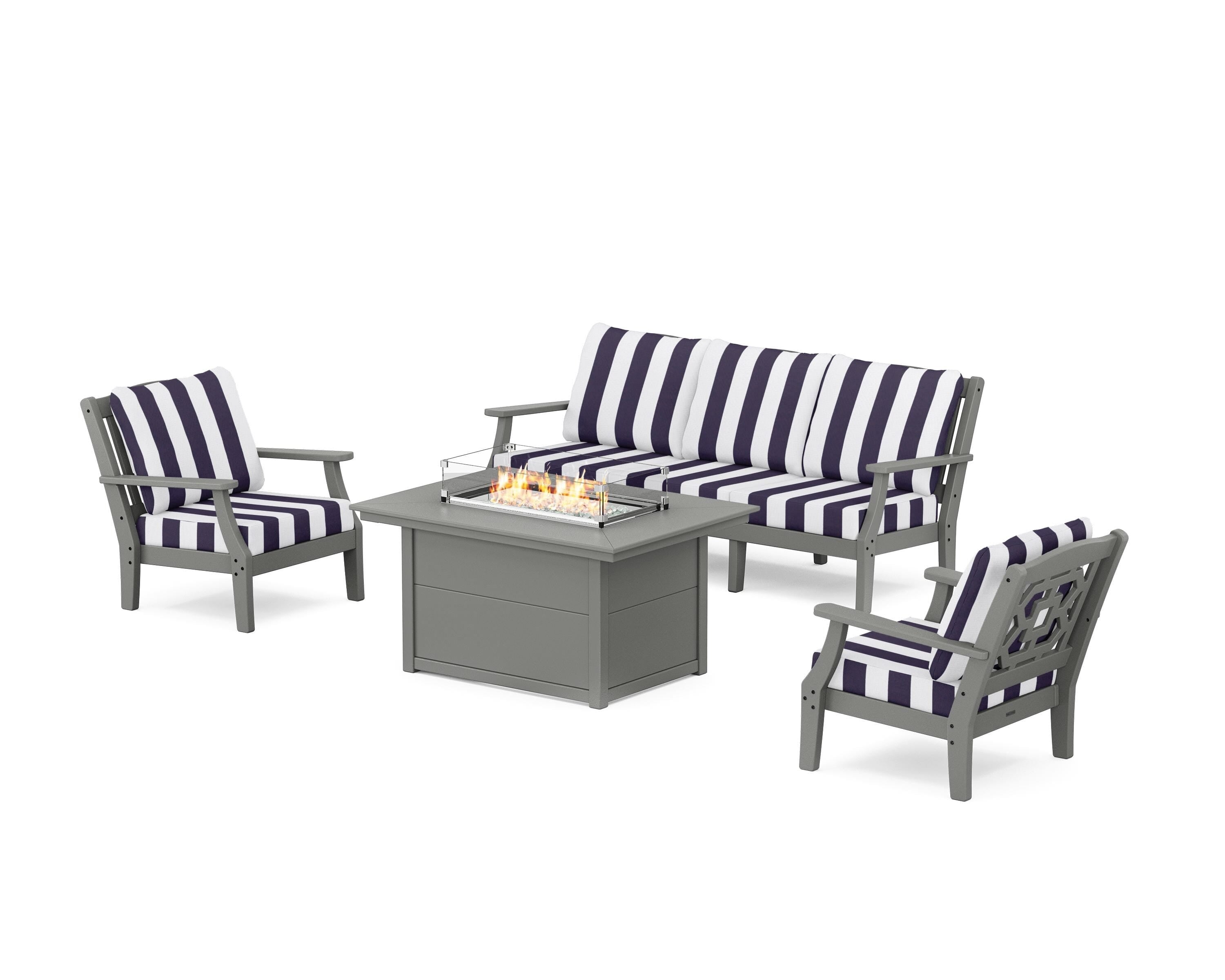 Martha Stewart by POLYWOOD® Chinoiserie Deep Seating Fire Pit Table Set in Slate Grey / Cabana Stripe Navy