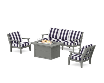 Martha Stewart by POLYWOOD® Chinoiserie Deep Seating Fire Pit Table Set in Slate Grey / Cabana Stripe Navy