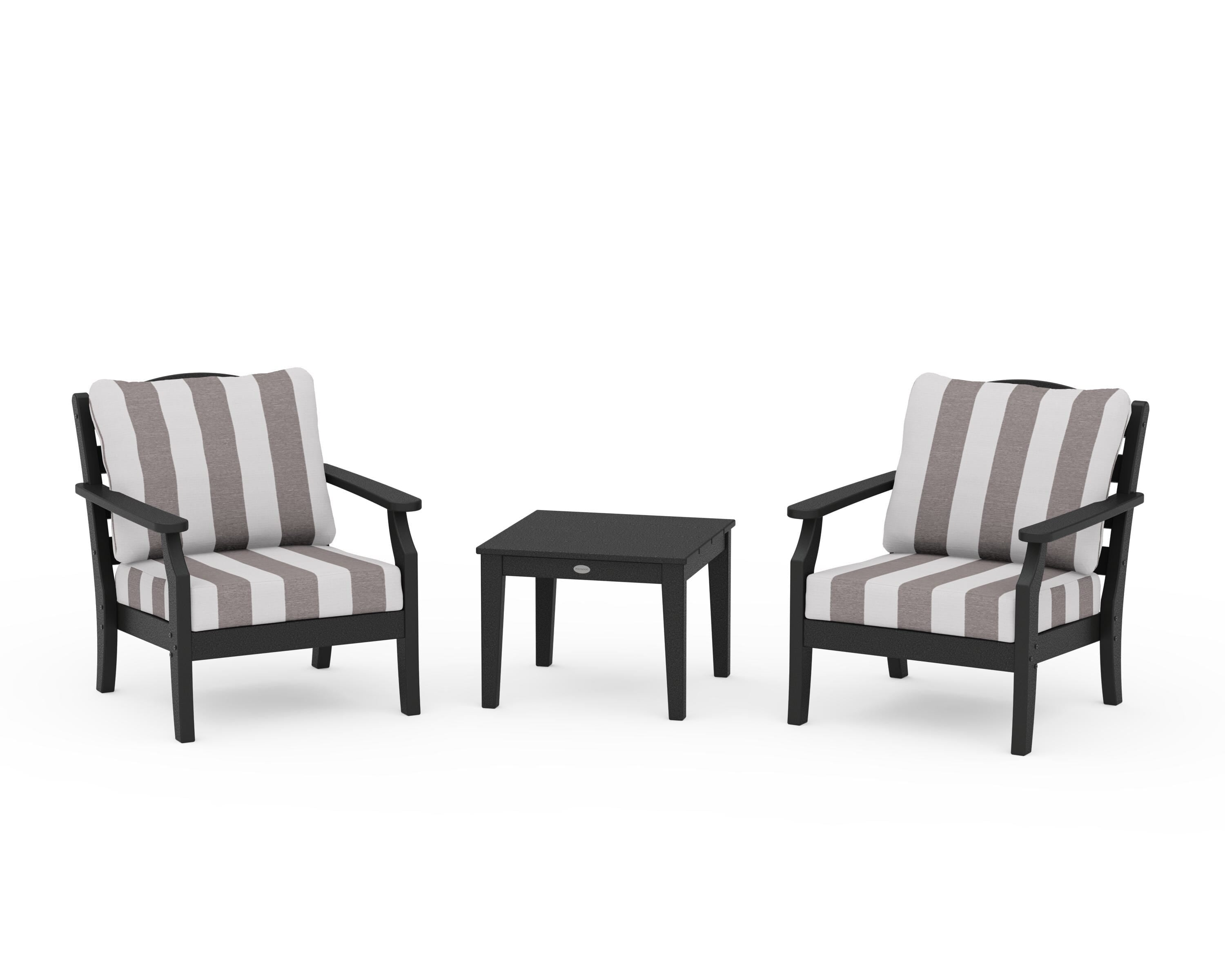 Draper James™ by  POLYWOOD® Savannah 3-Piece Deep Seating Set in Black / Cabana Stripe Grey Mist