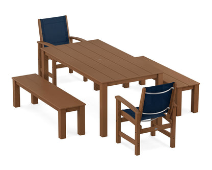 POLYWOOD® Coastal 5-Piece Parsons Dining Set with Benches in Teak / Navy Blue Sling