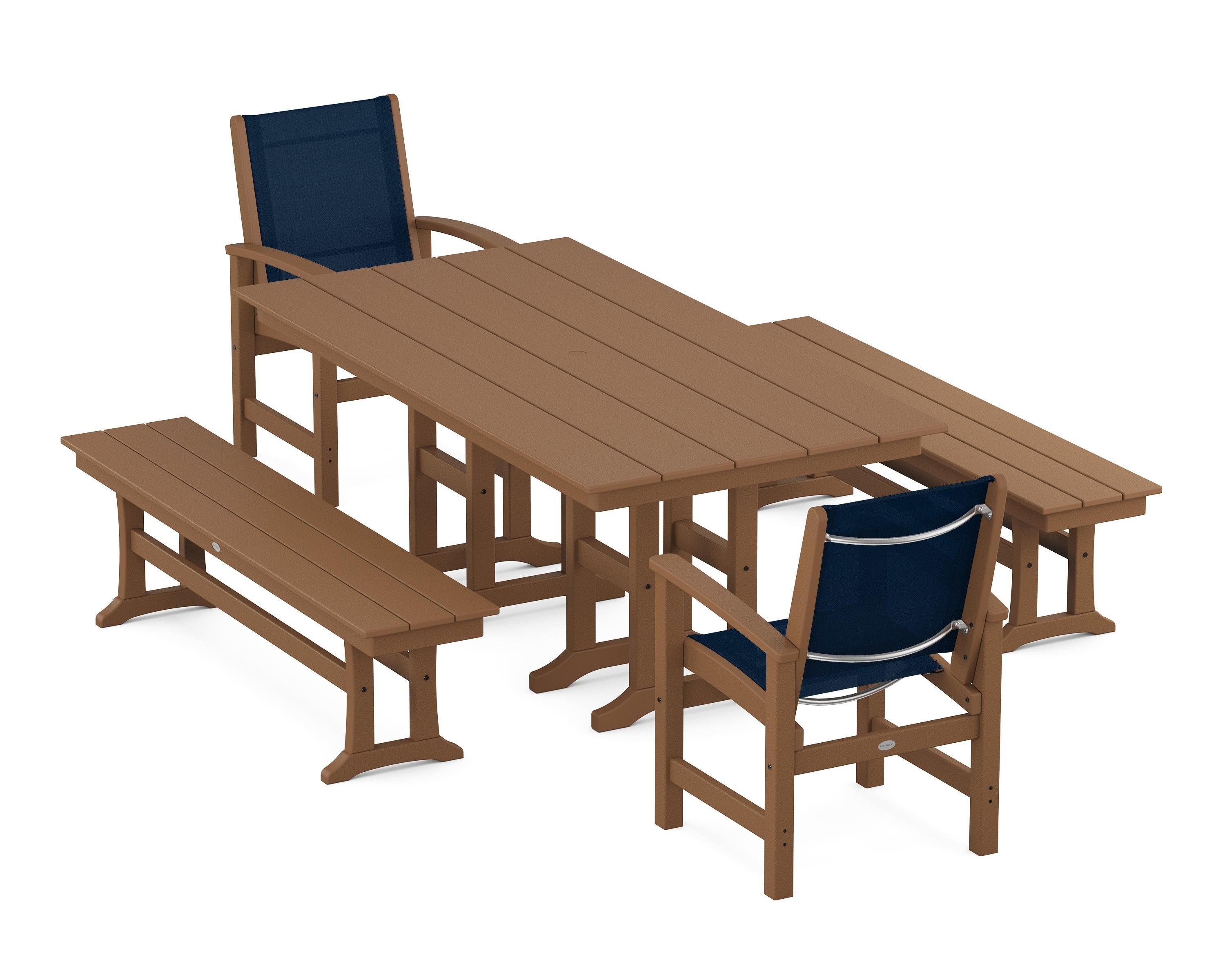 POLYWOOD® Coastal 5-Piece Farmhouse Dining Set in Teak / Navy Blue Sling