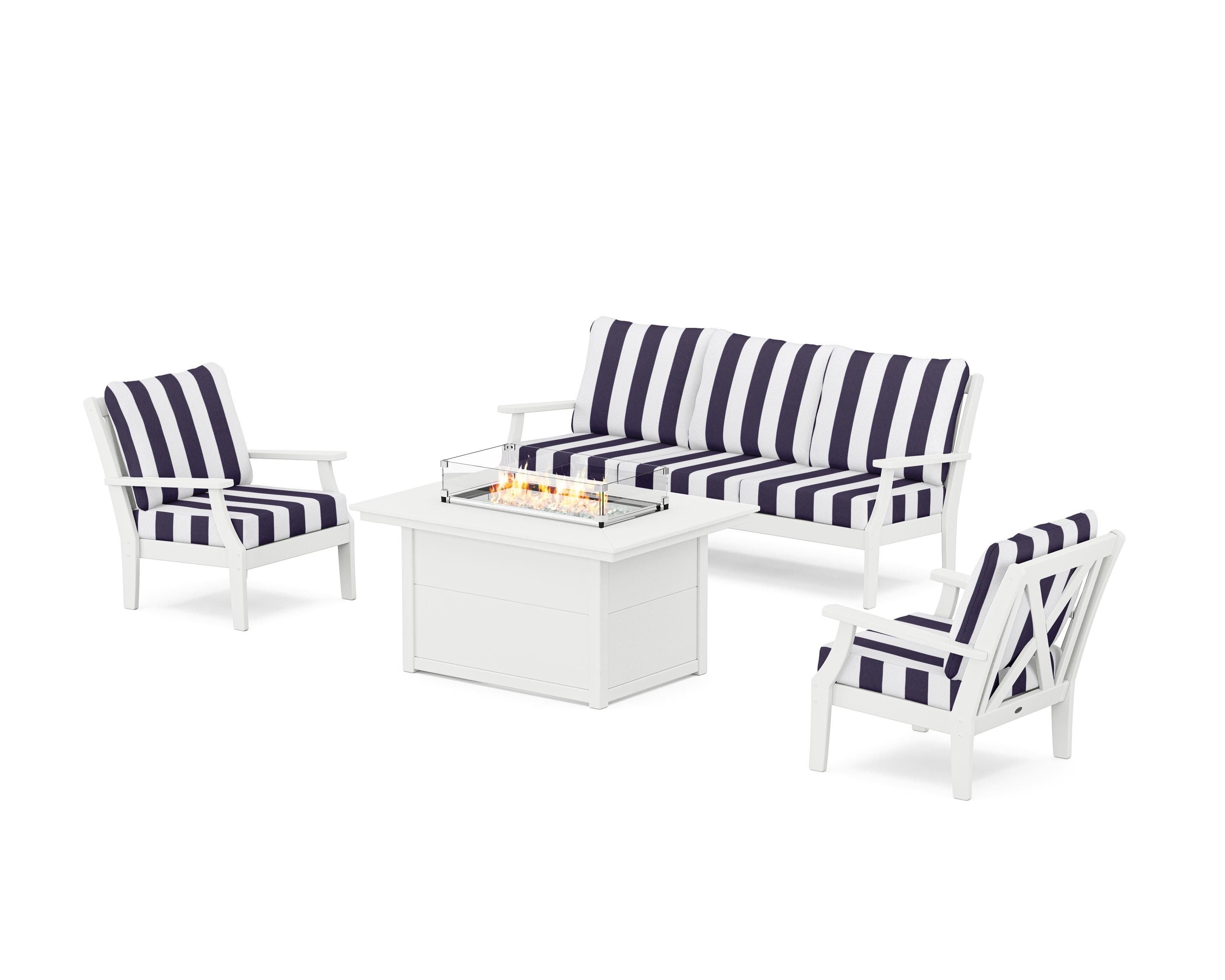 POLYWOOD® Braxton Deep Seating Fire Pit Table Set in White / Cabana Stripe Navy