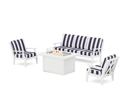 POLYWOOD® Braxton Deep Seating Fire Pit Table Set in White / Cabana Stripe Navy