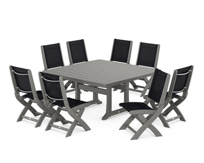 POLYWOOD® Coastal Folding Side Chair 9-Piece Dining Set with Trestle Legs in Slate Grey / Black Sling