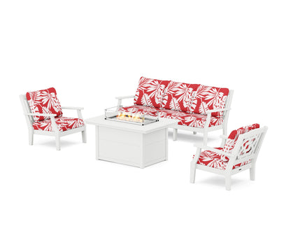 Martha Stewart by POLYWOOD® Chinoiserie Deep Seating Fire Pit Table Set in White / Leaf Crimson