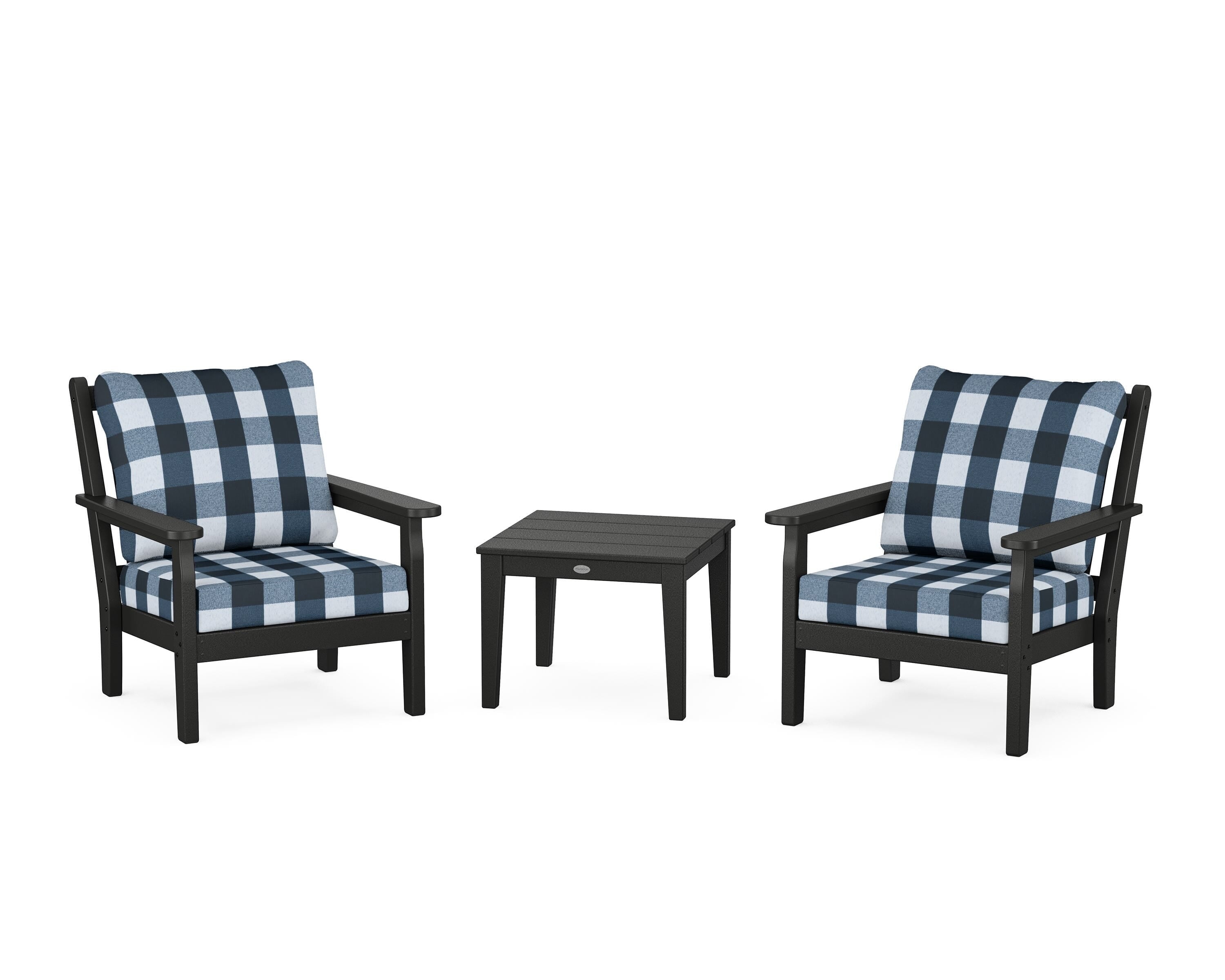 POLYWOOD® Chippendale 3-Piece Deep Seating Set in Black / Buffalo Plaid Marine Indigo