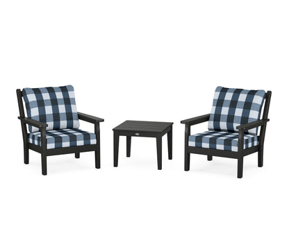 POLYWOOD® Chippendale 3-Piece Deep Seating Set in Black / Buffalo Plaid Marine Indigo