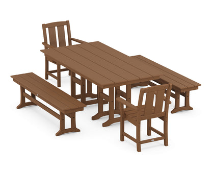 POLYWOOD® Mission 5-Piece Farmhouse Dining Set with Benches in Teak