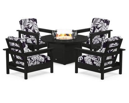 POLYWOOD® Club 5-Piece Conversation Set with Fire Pit Table in Black / Leaf Navy