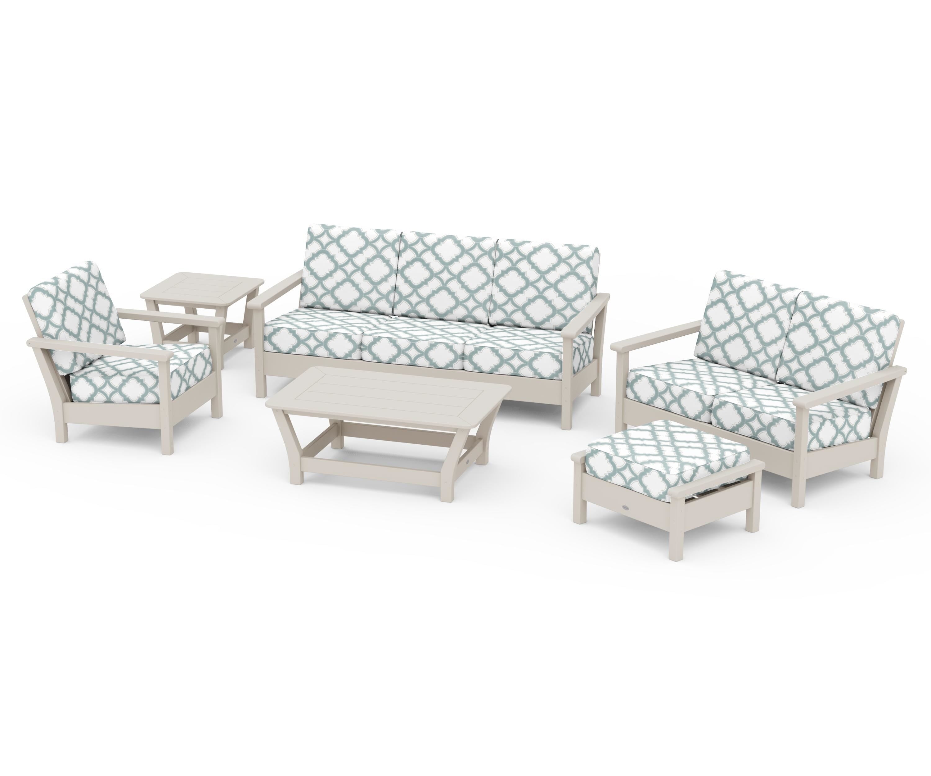 POLYWOOD® Harbour 6-Piece Outdoor Living Set in Sand / Trellis Glacier Spa