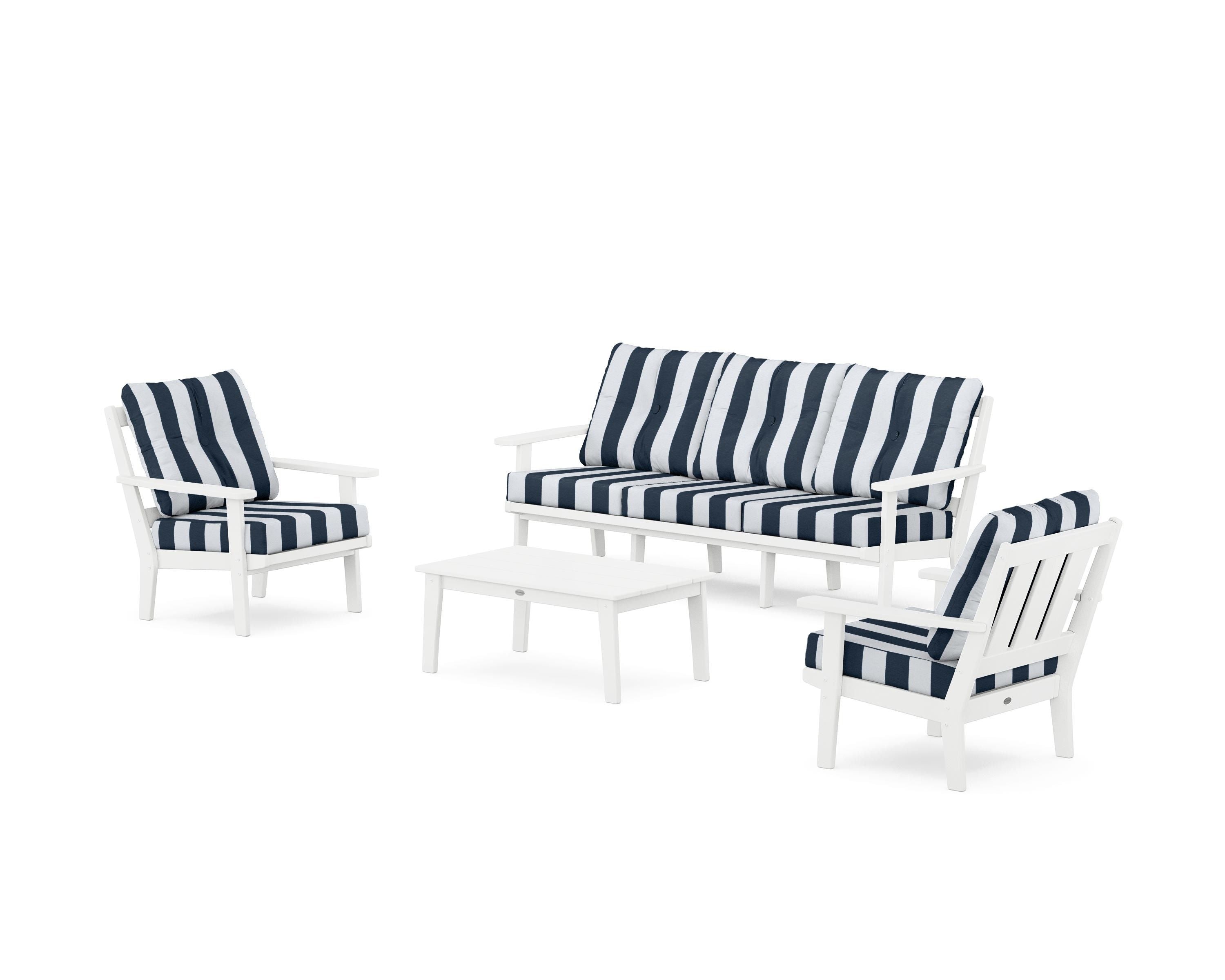 POLYWOOD® Oxford 4-Piece Deep Seating Set with Sofa in White / Cabana Stripe Marine Indigo