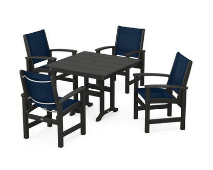 POLYWOOD® Coastal 5-Piece Farmhouse Dining Set in Black / Navy Blue Sling