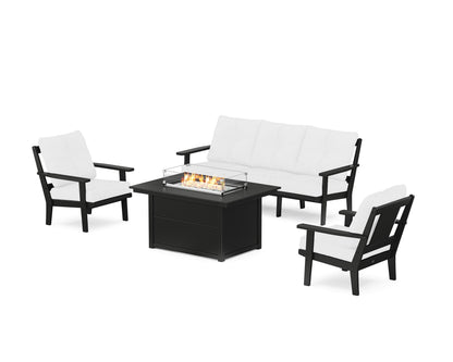 POLYWOOD® Prairie Deep Seating Fire Pit Table Set in Black / Natural